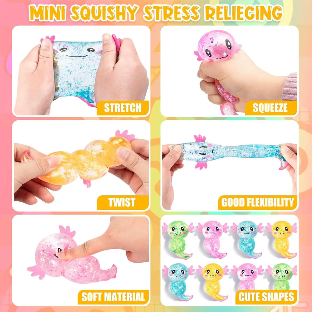 Squishy Axolotl Stress Relief Toy Glitter Malt Sugar Amphibian Fidget Toy for Kids Soothing Birthday Party Favors Gift
